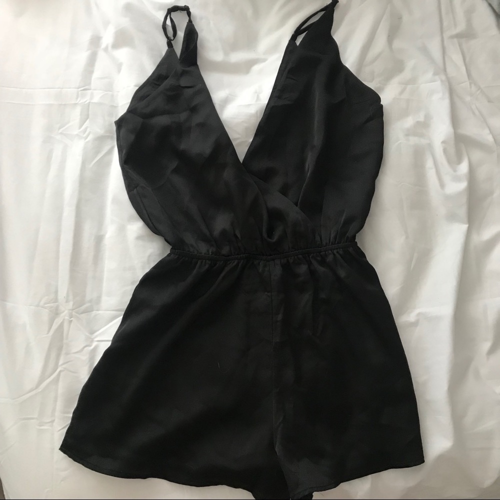Plunge black satin romper